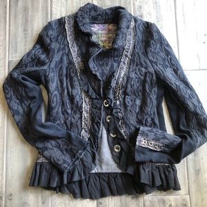 Free People Love Letters Damask Ruffle Trim Blazer